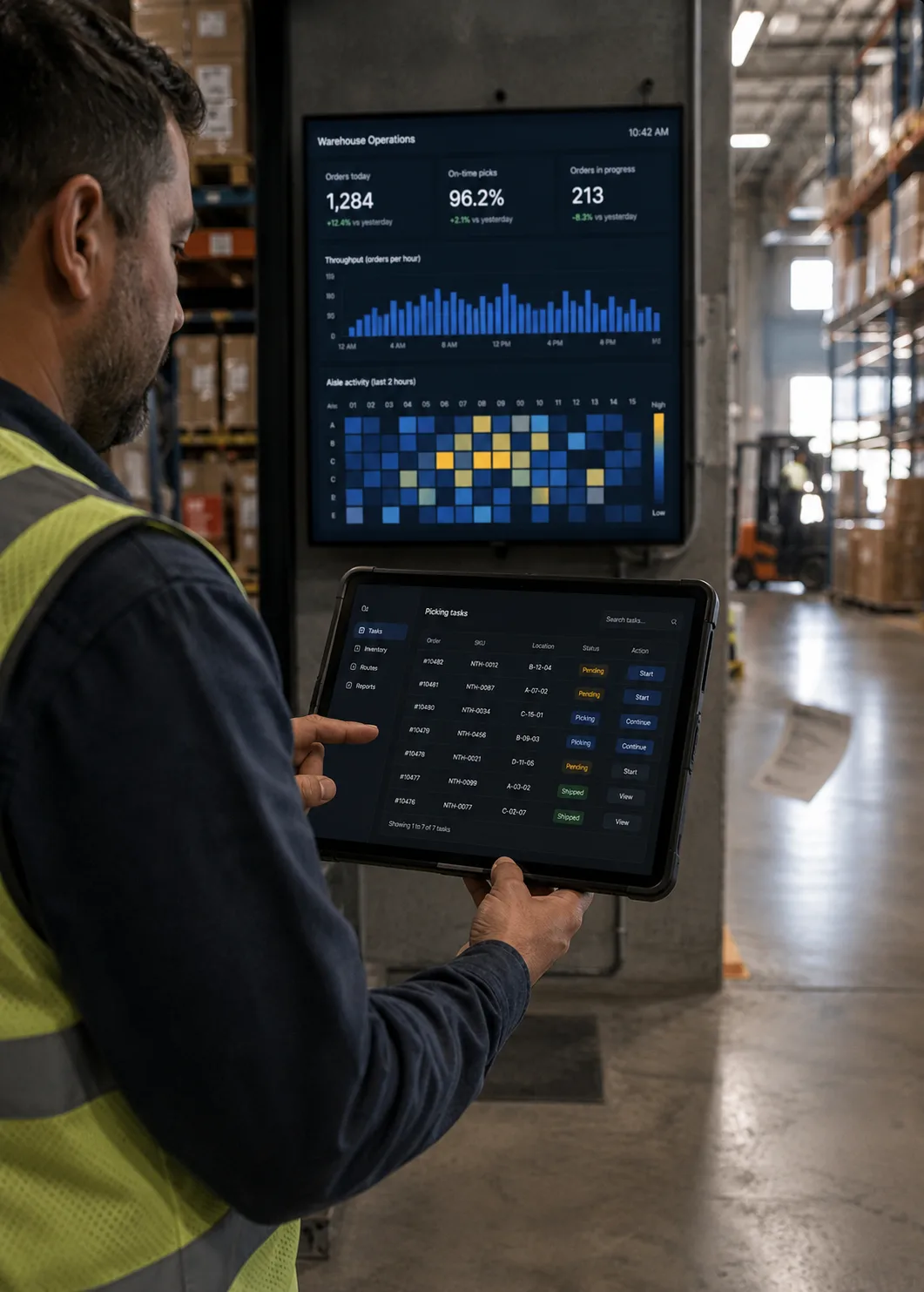 A warehouse worker using a custom internal admin tool on a rugged tablet, with a wall-mounted operations dashboard in the background.