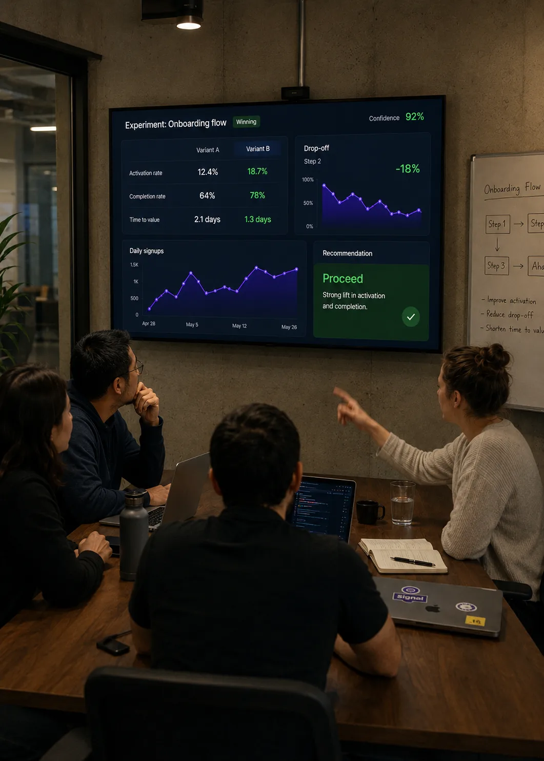 A team reviewing onboarding-flow experiment results on a wall display, with a clear Proceed recommendation and 92% confidence.
