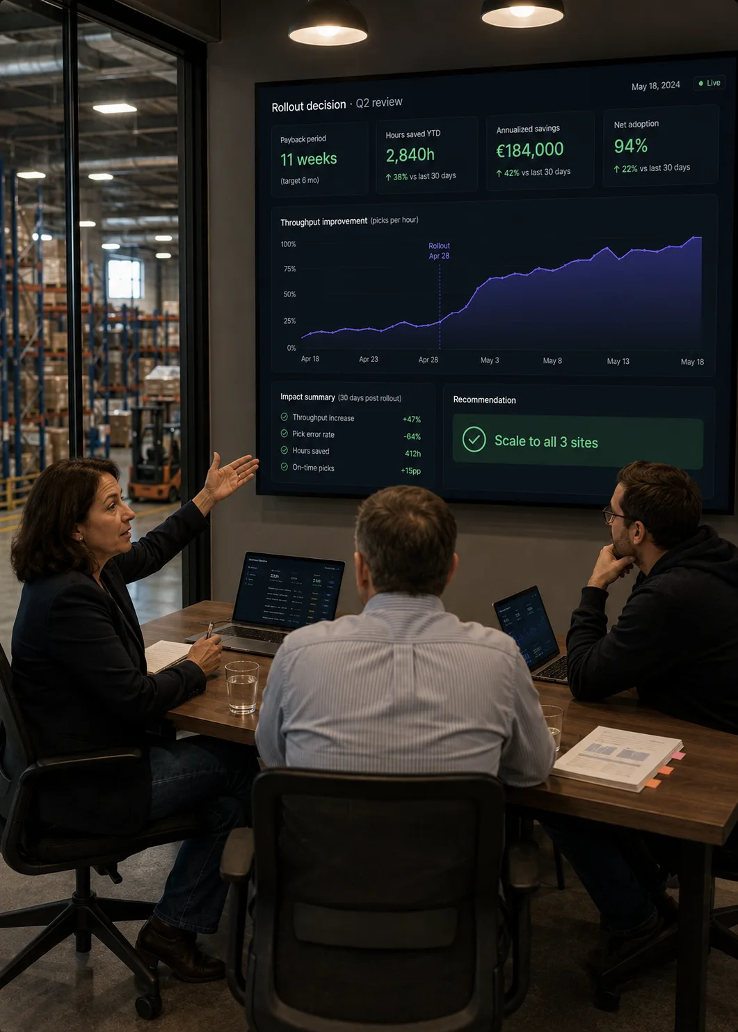 An ops leadership team reviewing the rollout decision in a glass-walled meeting room overlooking the warehouse floor, with payback / hours saved / annualized savings on the wall display and a green Scale to all 3 sites recommendation.